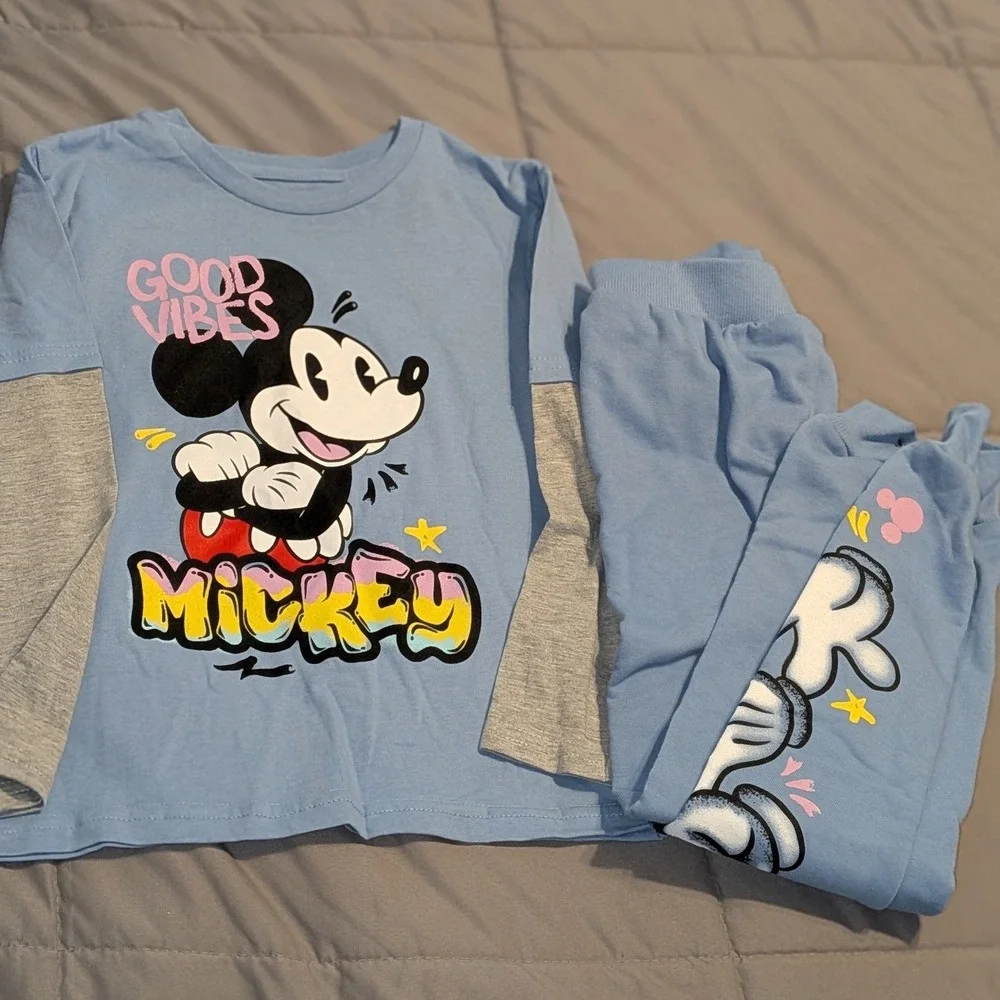 Disney Mickey Mouse Boys Blue Good Vibes 2-Piece Pajama Jogger‎ Set Size 6 NWOT